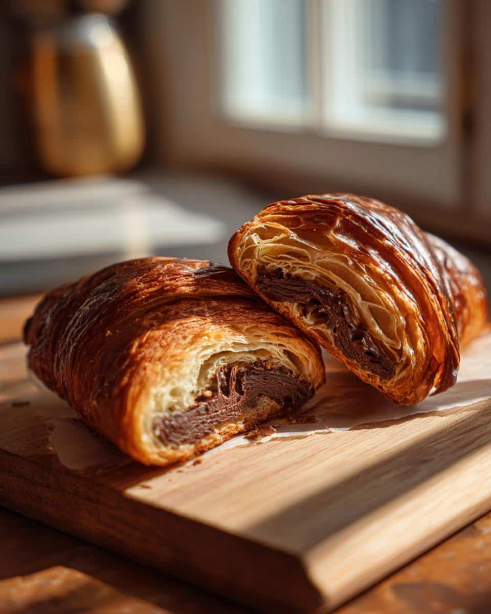 Two halves of a flaky gluten free chocolate croissant, revealing the rich chocolate filling, on a wooden board.
