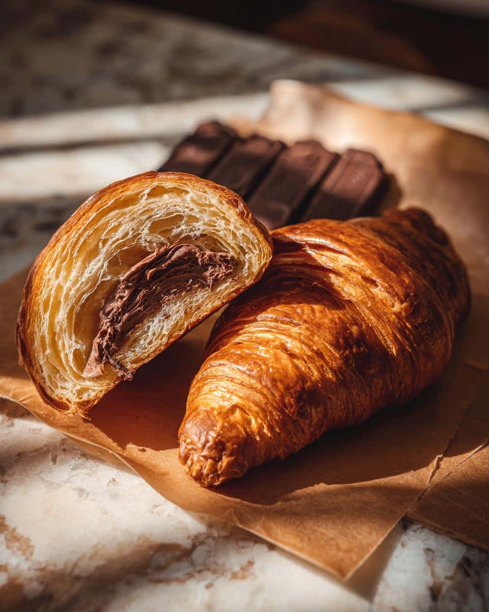 Golden brown gluten free chocolate croissant, one cut in half to show chocolate filling.