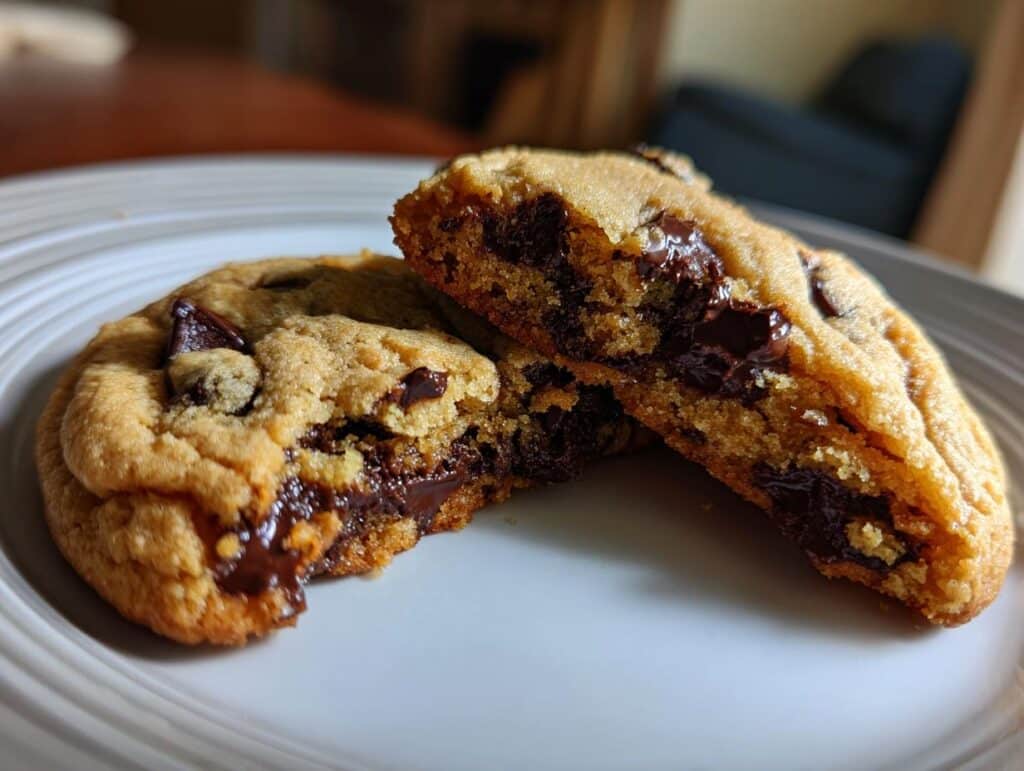 Two chocolate chip cookies, one broken in half to show the melted chocolate, on a white plate.