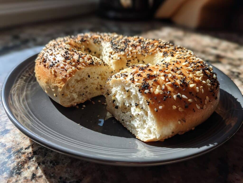 A halved Greek yogurt bagel with everything seasoning on a gray plate, showcasing its soft interior.