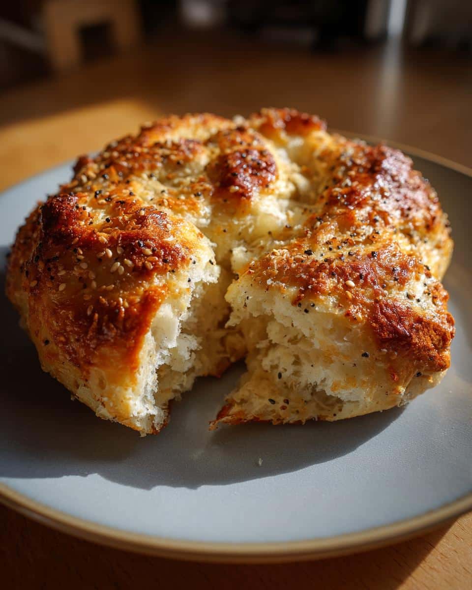 Close-up of a freshly baked Greek yogurt bagels on a plate, topped with seeds, and partially torn open.