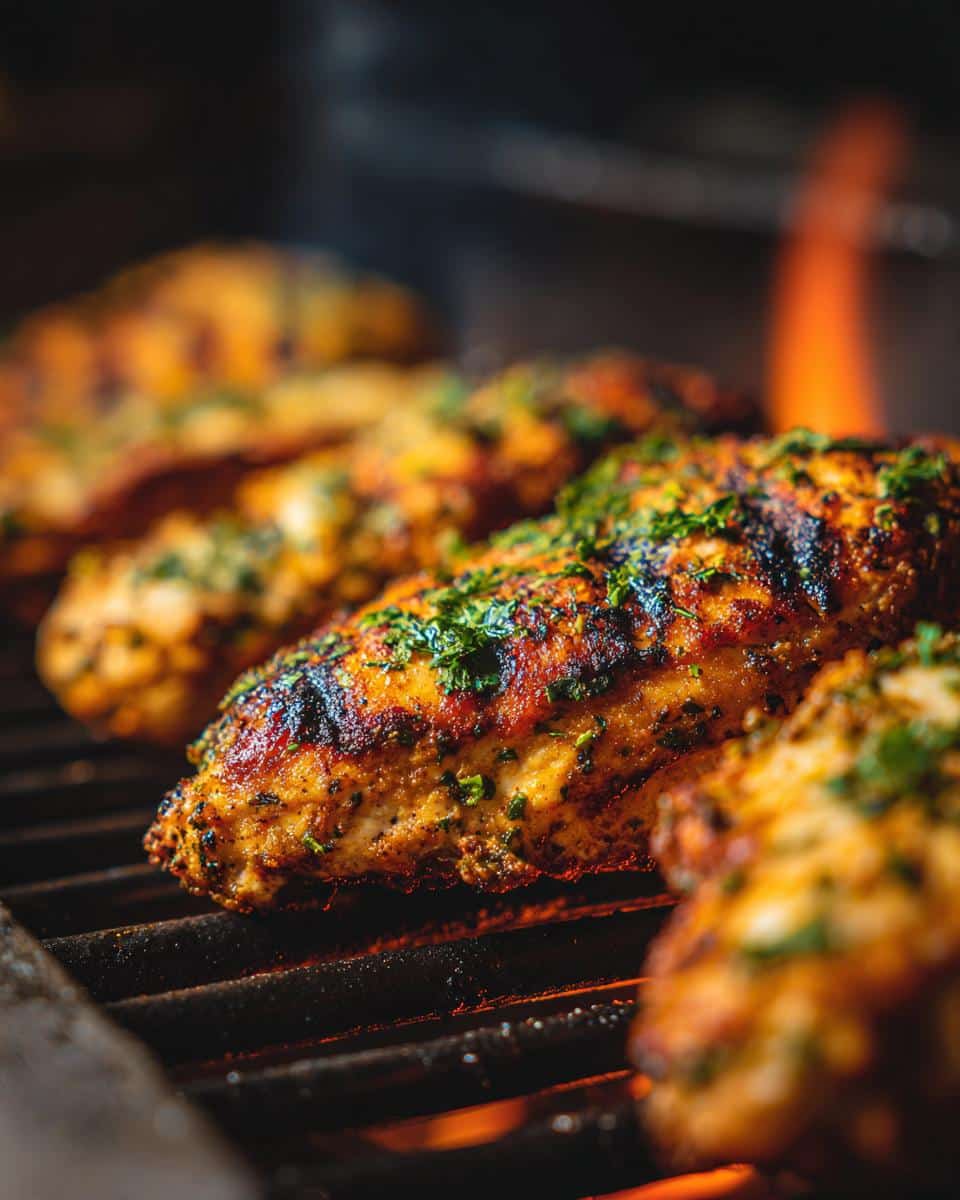Close-up of seasoned chicken breast recipes grilling on a barbecue, garnished with fresh herbs.