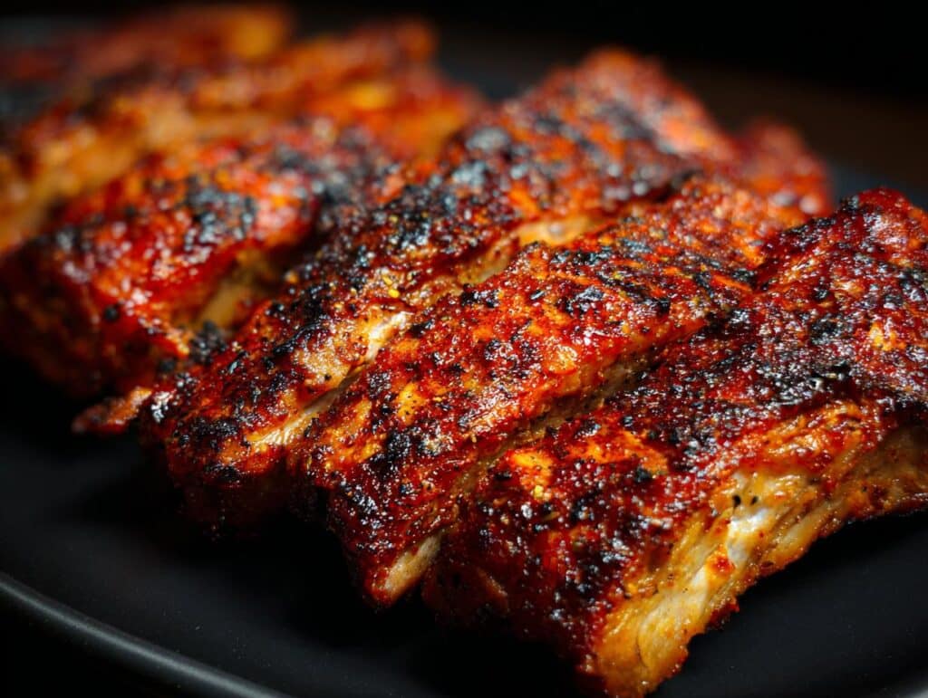 Close-up of grilled ribs, not green foods for party, but a great party food option.