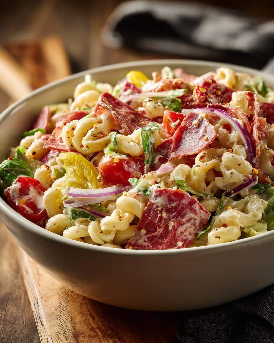Close-up of a bowl of grinder pasta salad with elbow macaroni, salami, tomatoes, lettuce, and red onion.