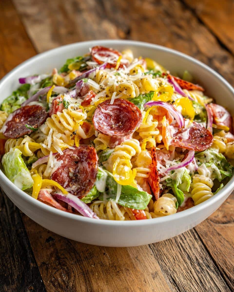 A bowl of grinder pasta salad with rotini pasta, salami, lettuce, peppers, onions, and a creamy dressing.