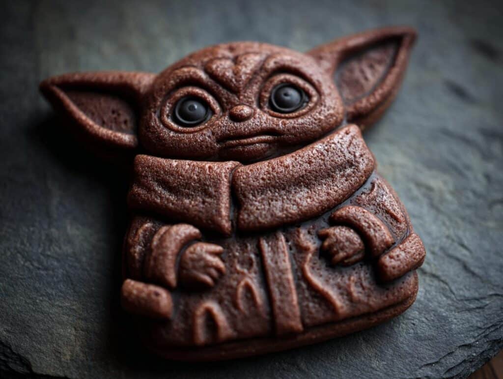 A Grogu-shaped baby in bloom cookies, dark brown, on a dark gray slate background.