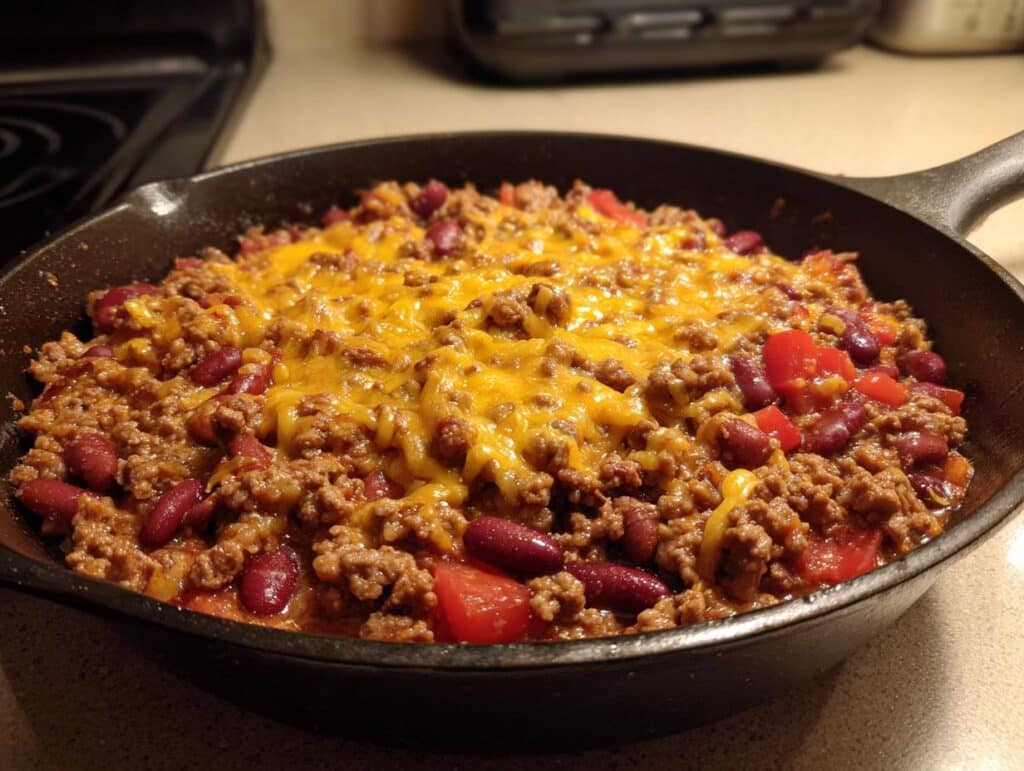 A skillet filled with a ground beef recipe, featuring ground beef, kidney beans, tomatoes, and a melted cheese topping.