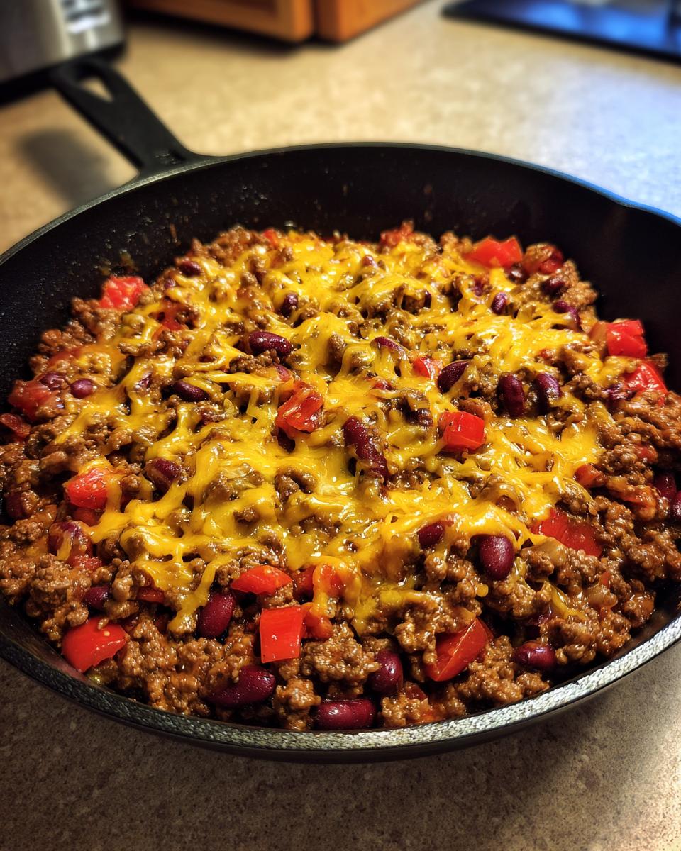 Skillet filled with a ground beef recipe, featuring kidney beans, diced red peppers, and melted cheese.