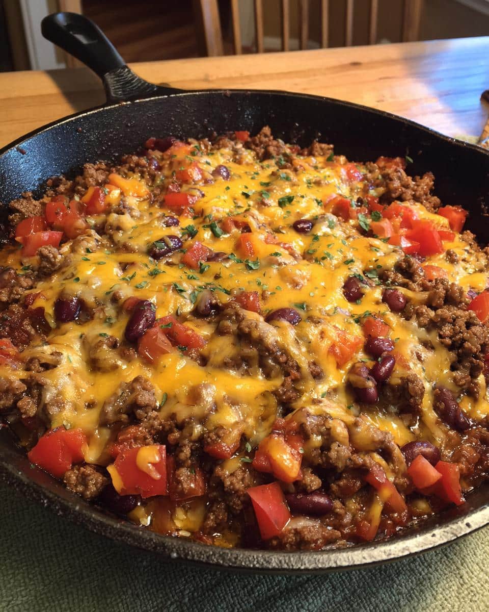 Skillet filled with a cheesy ground beef recipe, featuring tomatoes, beans, and melted cheese.