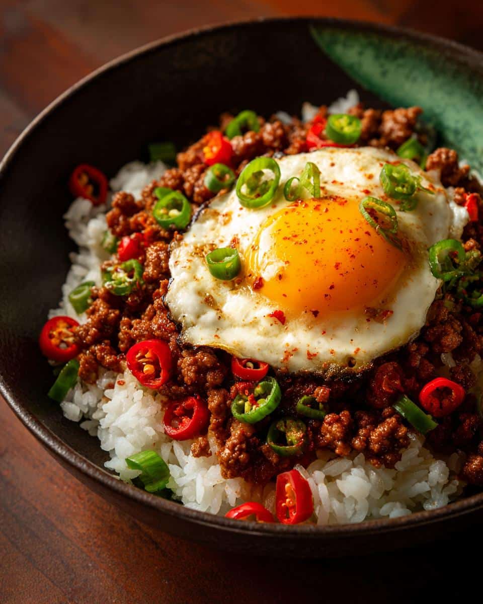 A flavorful ground turkey recipe served as a rice bowl, topped with a fried egg and sliced chili peppers.