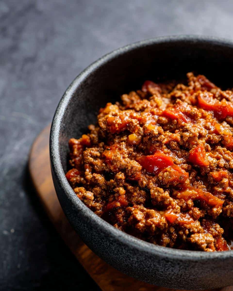 Close-up of a bowl filled with a ground turkey recipe, featuring tomatoes and savory spices.