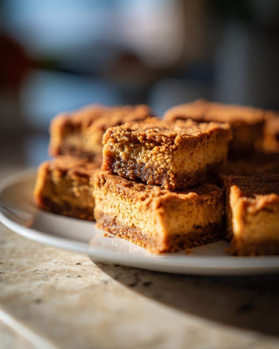 A stack of healthy pumpkin cheesecake bars easy on a white plate, showcasing the layers and crumb topping.