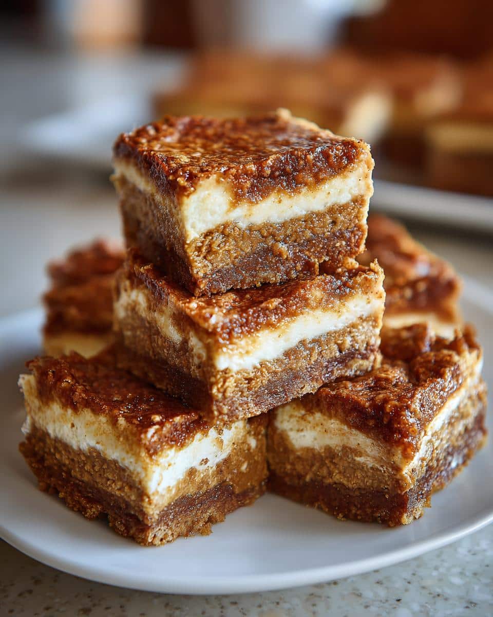 A stack of healthy pumpkin cheesecake bars easy, showing the layers of crust, cheesecake filling, and pumpkin topping.