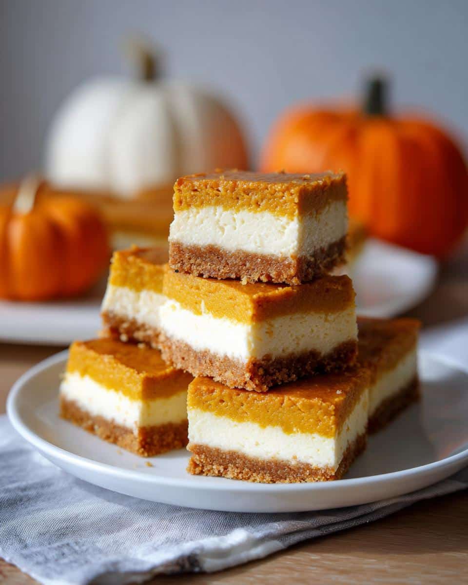 A stack of healthy pumpkin cheesecake bars easy on a white plate, with pumpkins in the background.