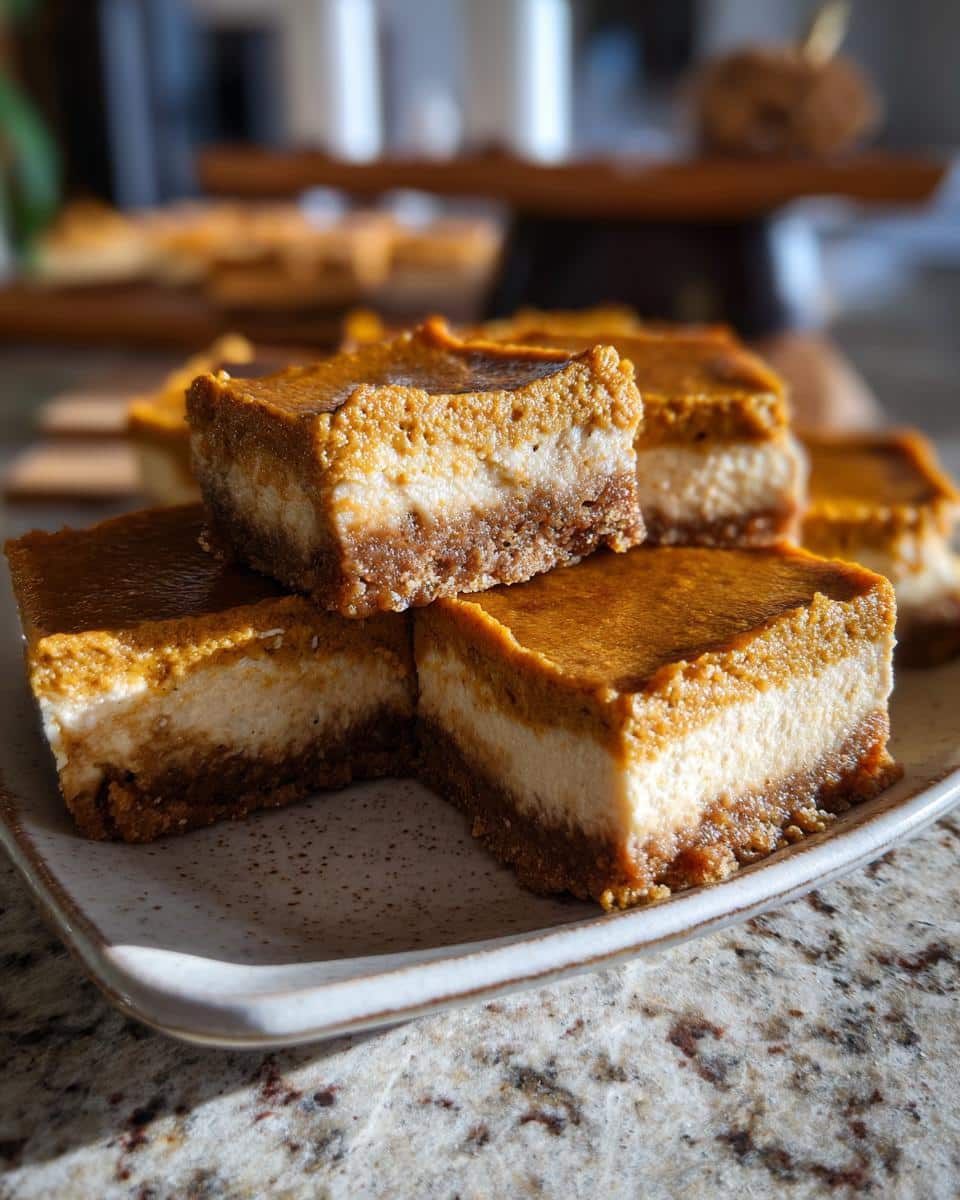 A stack of healthy pumpkin cheesecake bars easy, showcasing the crust, cheesecake layer, and pumpkin topping.