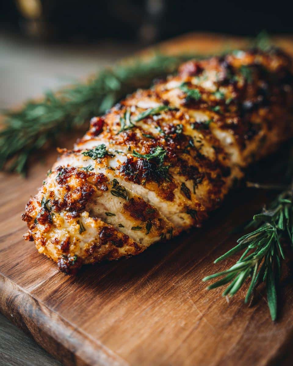 Close-up of herb-roasted chicken breast recipes, sliced on a wooden board with rosemary sprigs.
