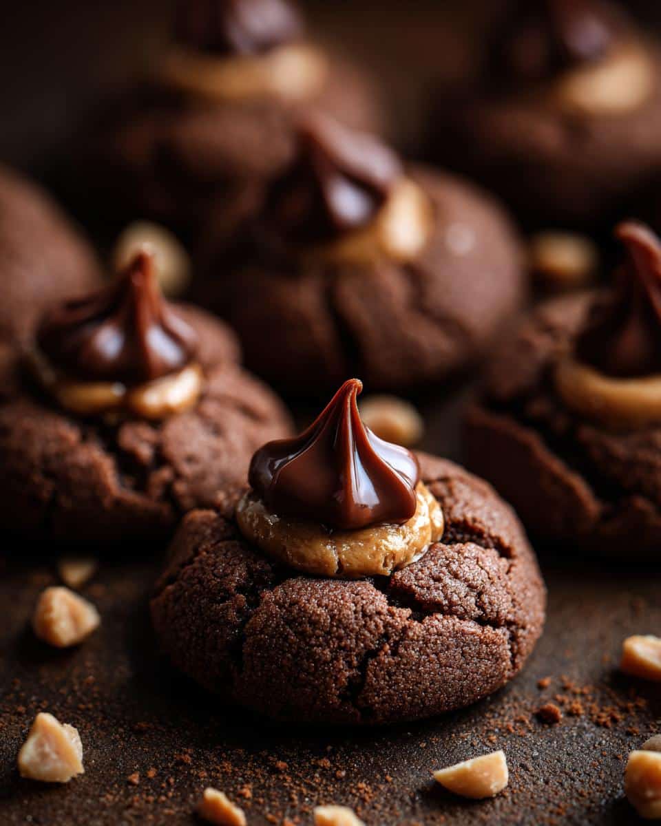 Close-up of homemade Hershey Kiss cookies recipe peanut butter blossoms with chocolate and peanut butter.
