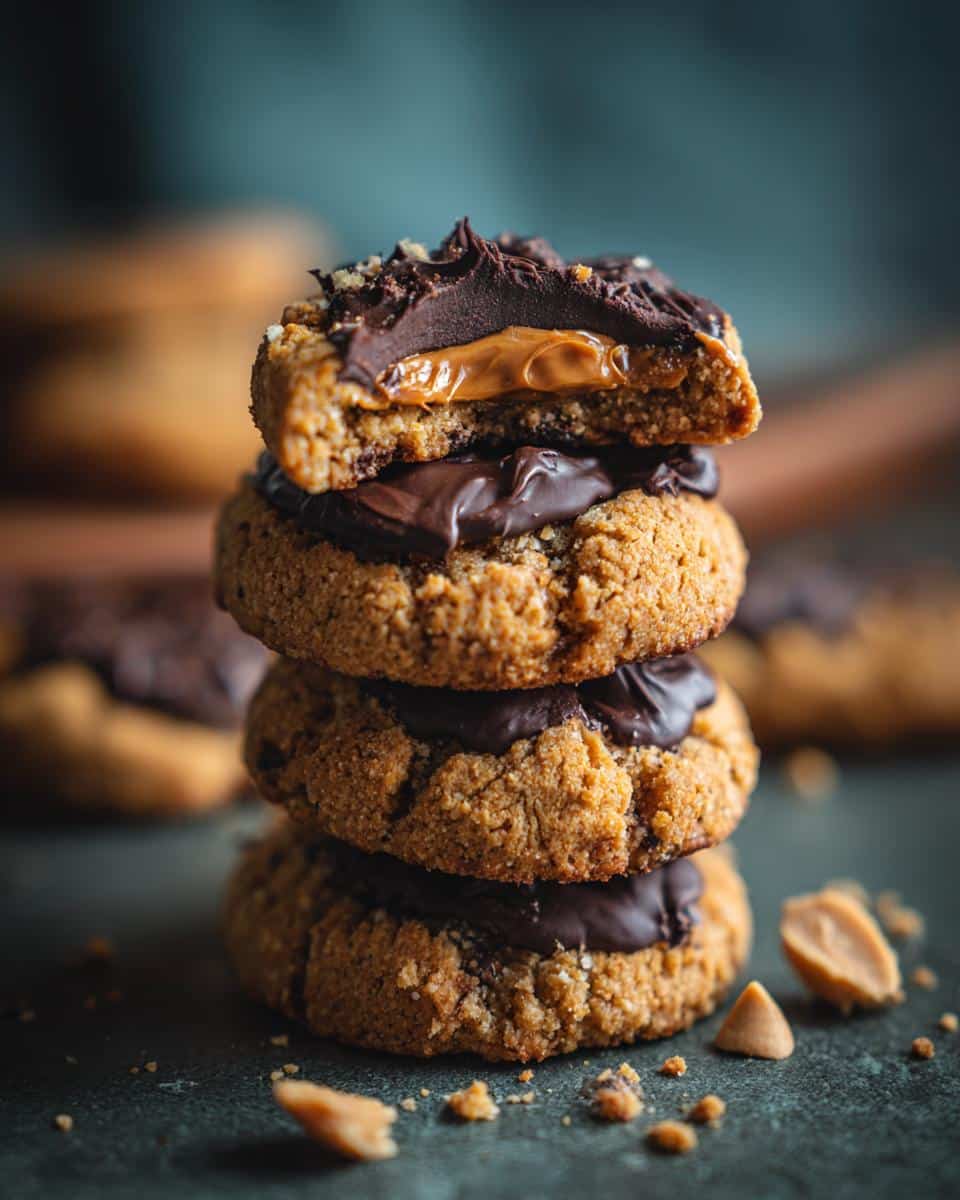 A stack of four Hershey Kiss cookies recipe peanut butter blossoms, the top cookie broken to show the caramel filling.