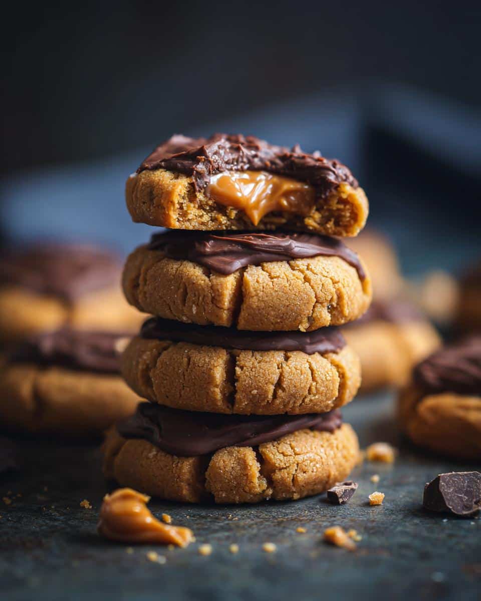 A stack of four Hershey Kiss cookies recipe peanut butter blossoms, the top one with a bite revealing caramel filling.