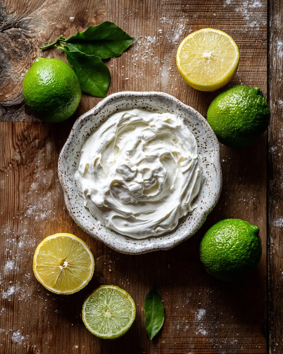 Overhead shot of homemade mayonnaise using avocado oil in a bowl with lemons and limes.