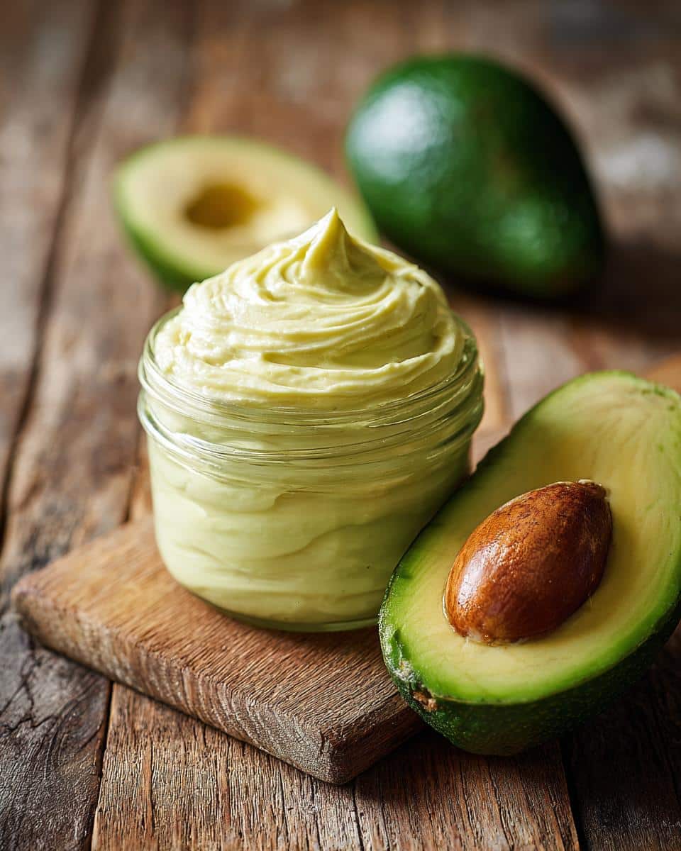 Creamy homemade mayonnaise using avocado oil in a jar, next to fresh avocados.