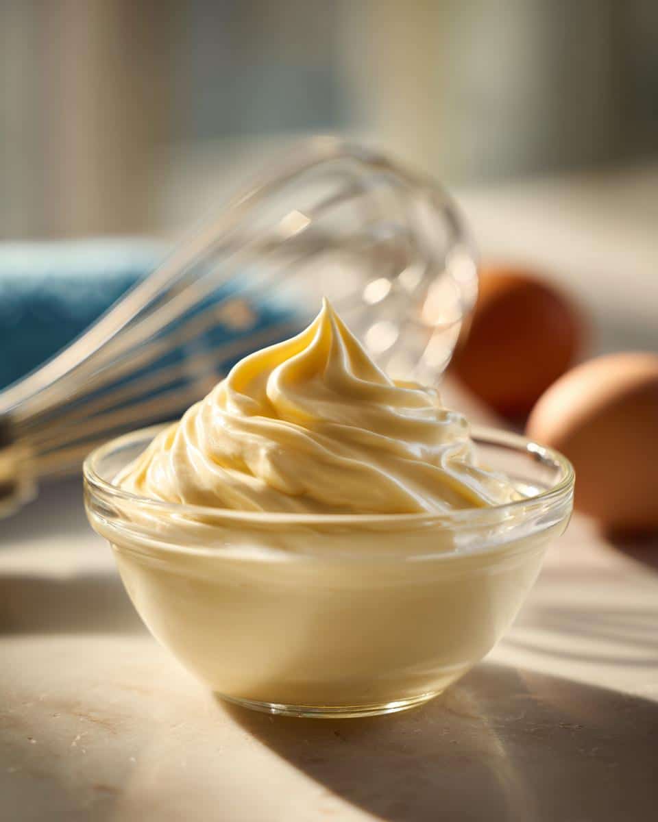 Freshly made homemade mayonnaise recipe without blender in a glass bowl, with eggs and whisk in background.