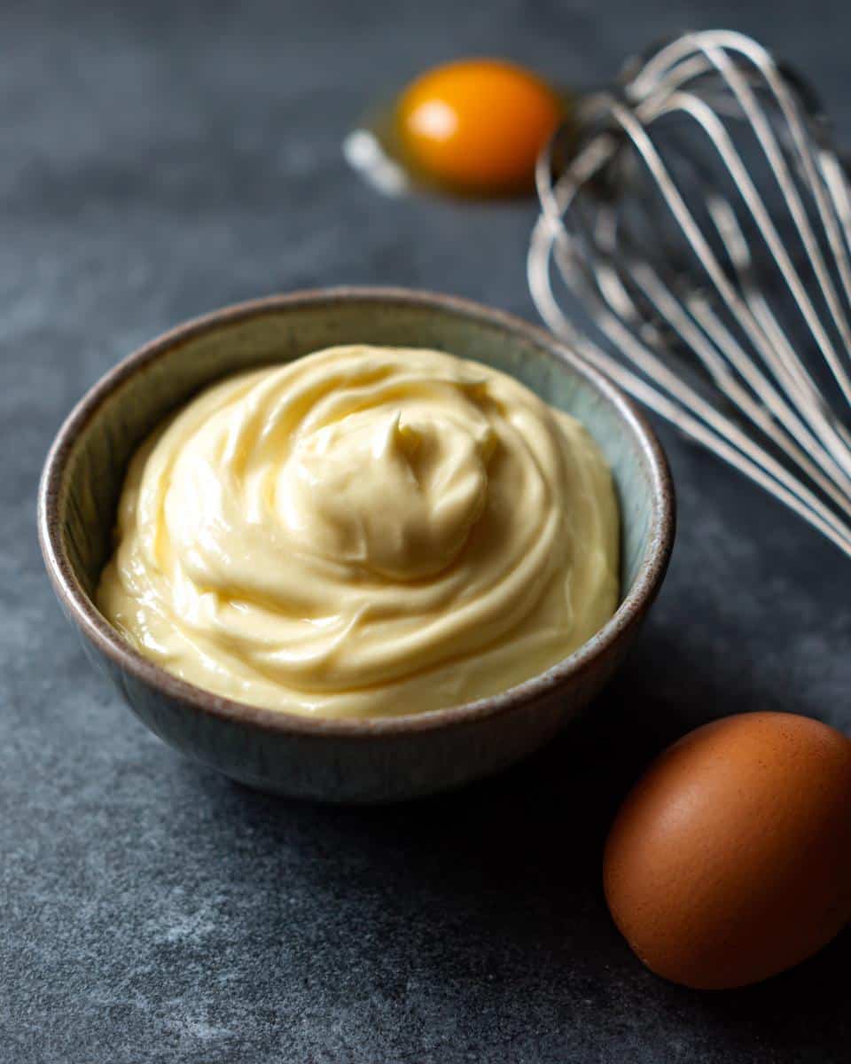 Creamy homemade mayonnaise recipe without blender in a bowl, with eggs and whisk nearby.