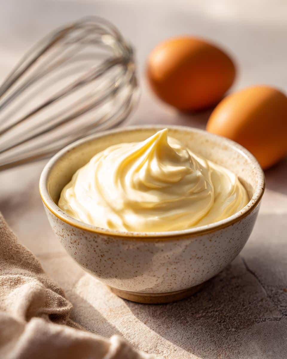 Creamy homemade mayonnaise recipe without blender in a bowl, with eggs and whisk in the background.