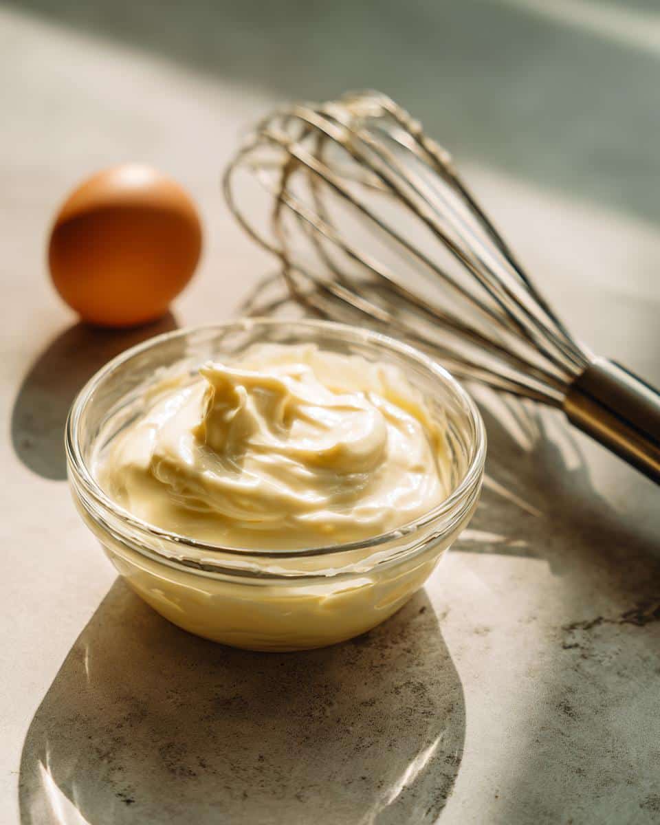 Bowl of homemade mayonnaise recipe without blender, with an egg and whisk in the background.