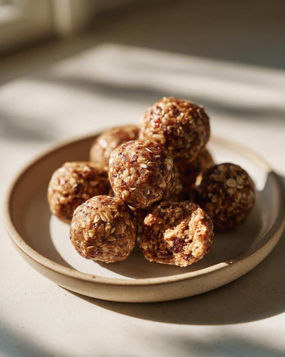 A plate of homemade protein balls, one with a bite taken out, showcasing the ingredients inside.