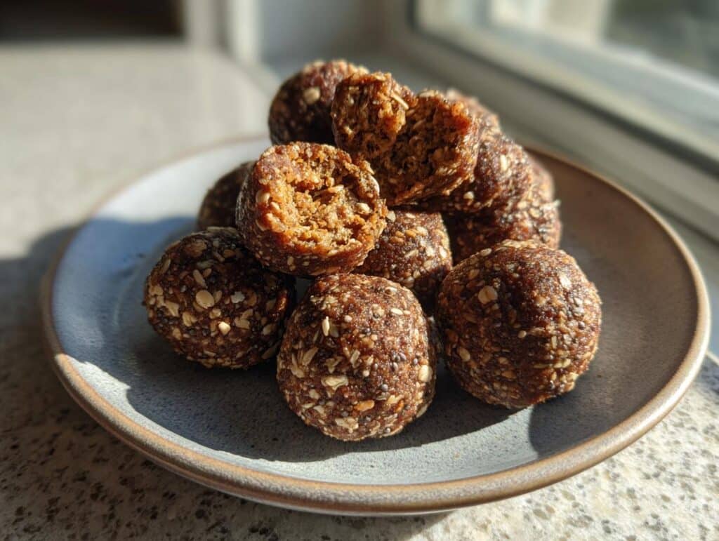 A plate of homemade protein balls, some halved, showing the texture and ingredients.