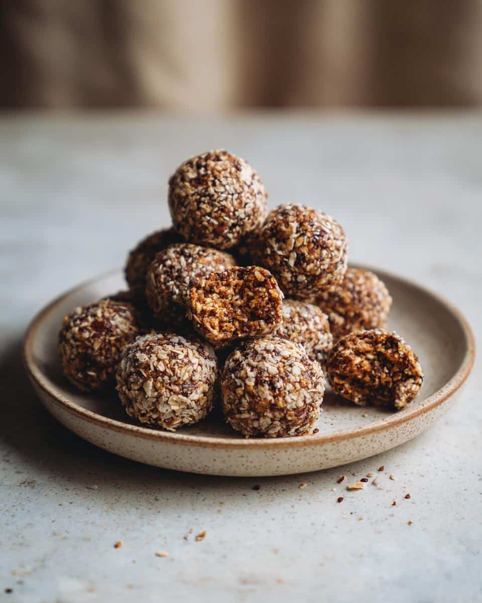 A plate of homemade protein balls, one cut in half to show the texture. Healthy snack.
