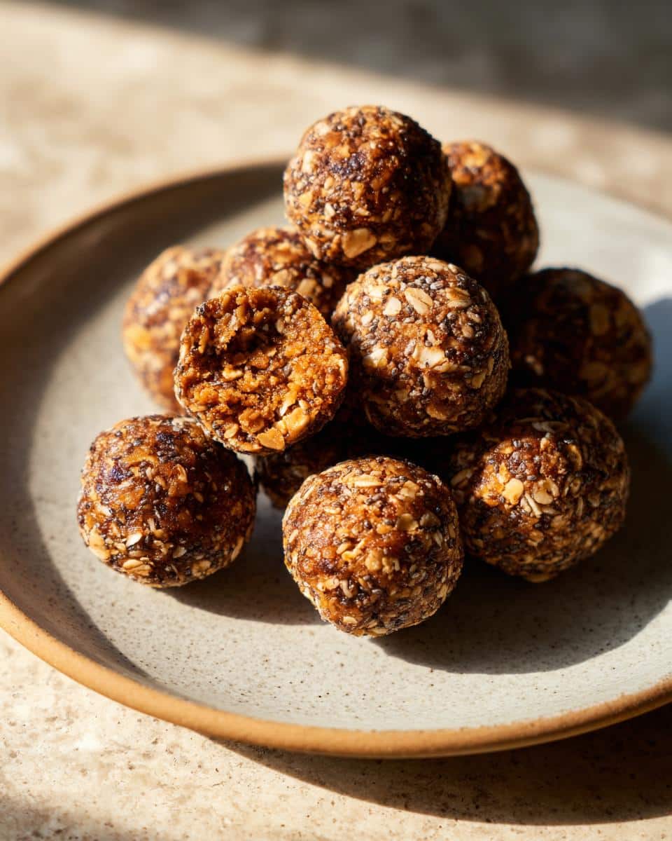 A stack of homemade protein balls on a plate, with one cut in half to show the texture and ingredients.