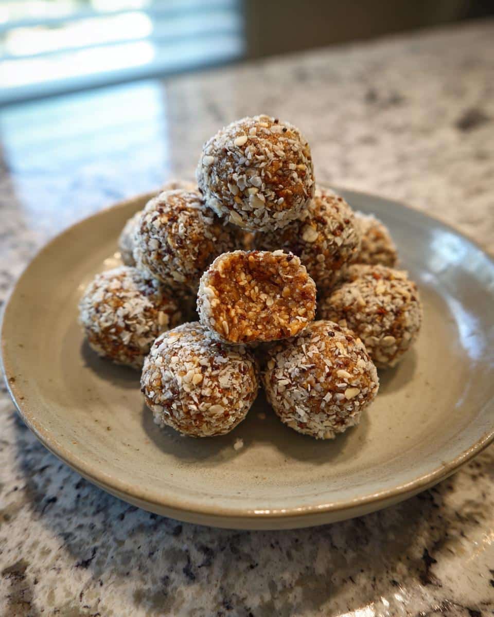 A stack of homemade protein balls on a plate, one cut in half to show the texture inside.
