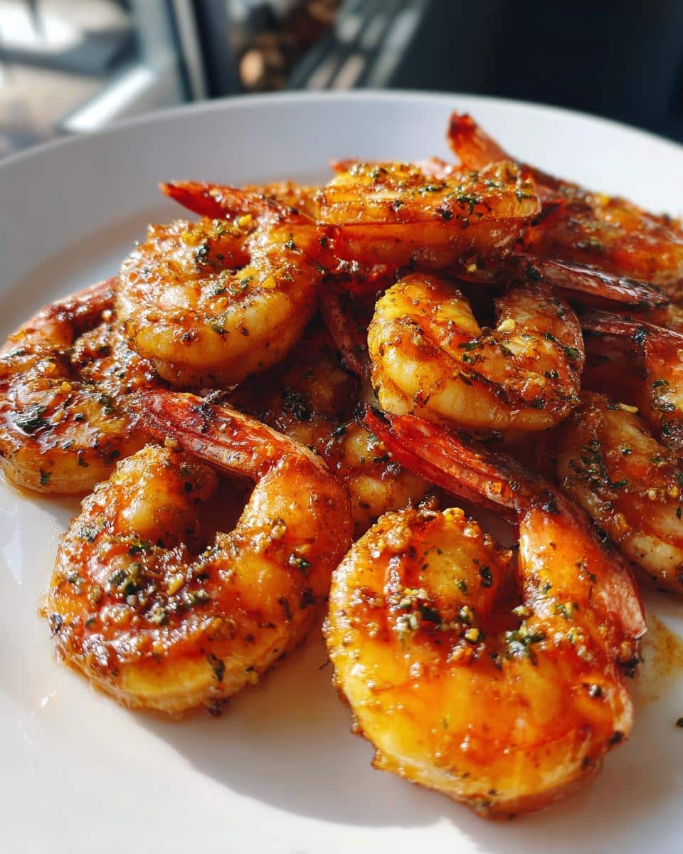 Close-up of honey glazed shrimp recipes, cooked in an air fryer and served on a white plate.