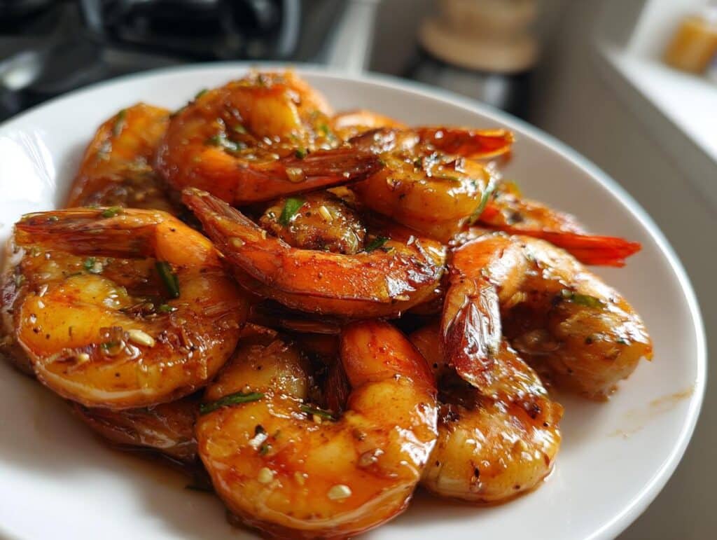 Delicious honey glazed shrimp recipes cooked in an air fryer, served on a white plate.