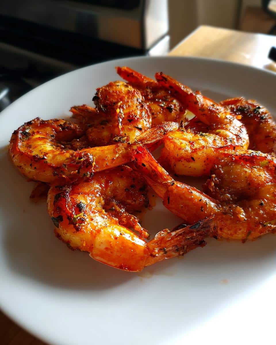A plate of honey glazed shrimp recipes, cooked to perfection with a glistening glaze and seasonings.