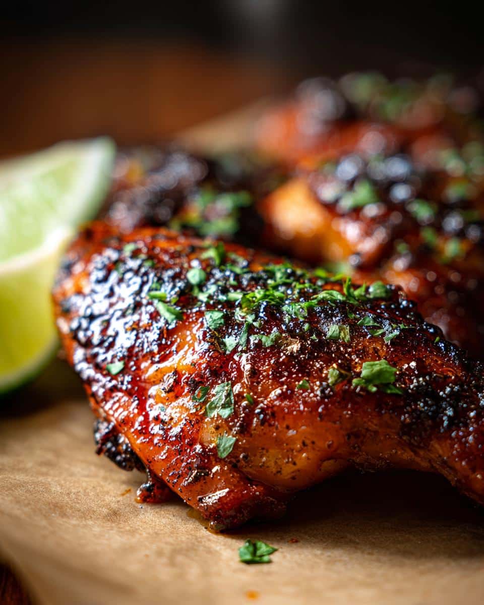 Close-up of glazed Honey Lime Chicken garnished with parsley and served with a lime wedge.