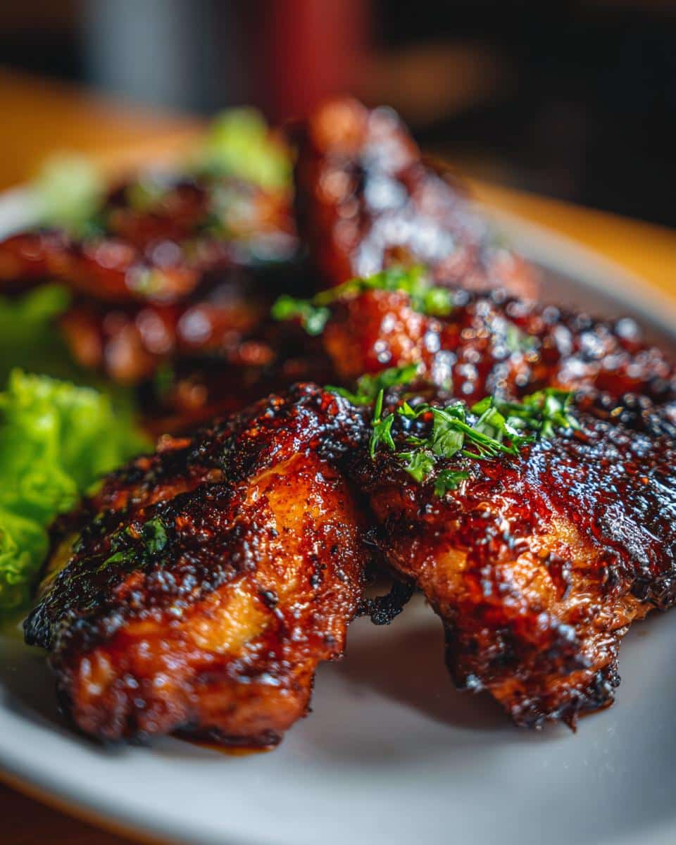 Close-up of glazed Honey Lime Chicken pieces on a plate, garnished with fresh herbs and lettuce.