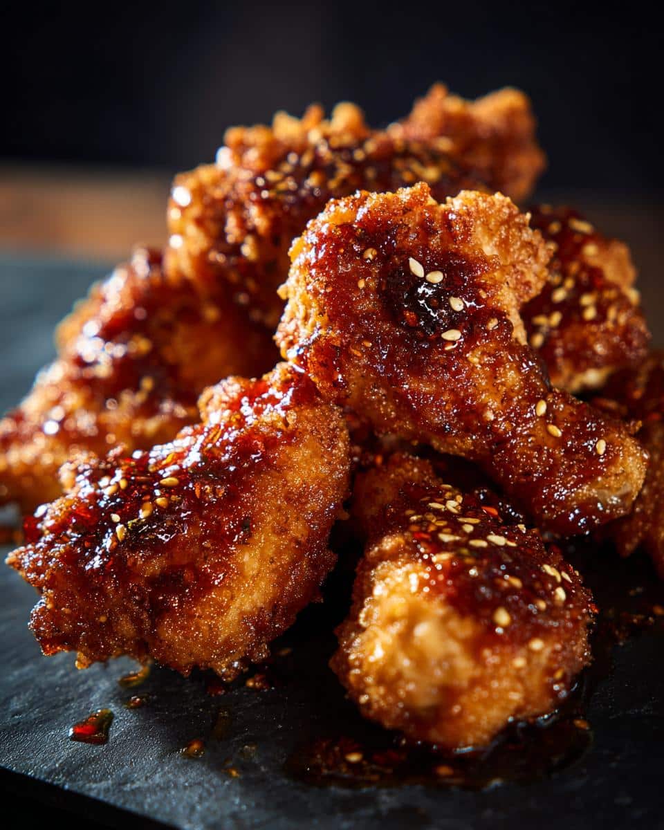 Close-up of crispy honey mustard chicken pieces drizzled with sauce and sprinkled with sesame seeds.