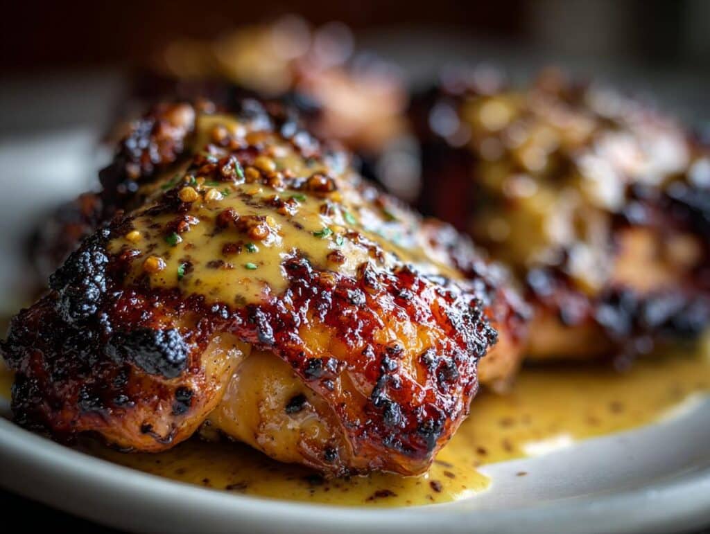Close-up of glazed honey mustard chicken pieces on a white plate, showing crispy skin and sauce.