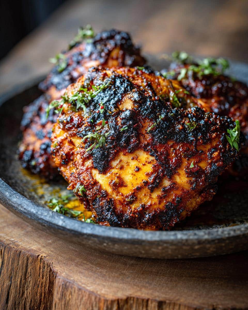 Close-up of glazed honey mustard chicken pieces on a dark plate, garnished with fresh herbs.