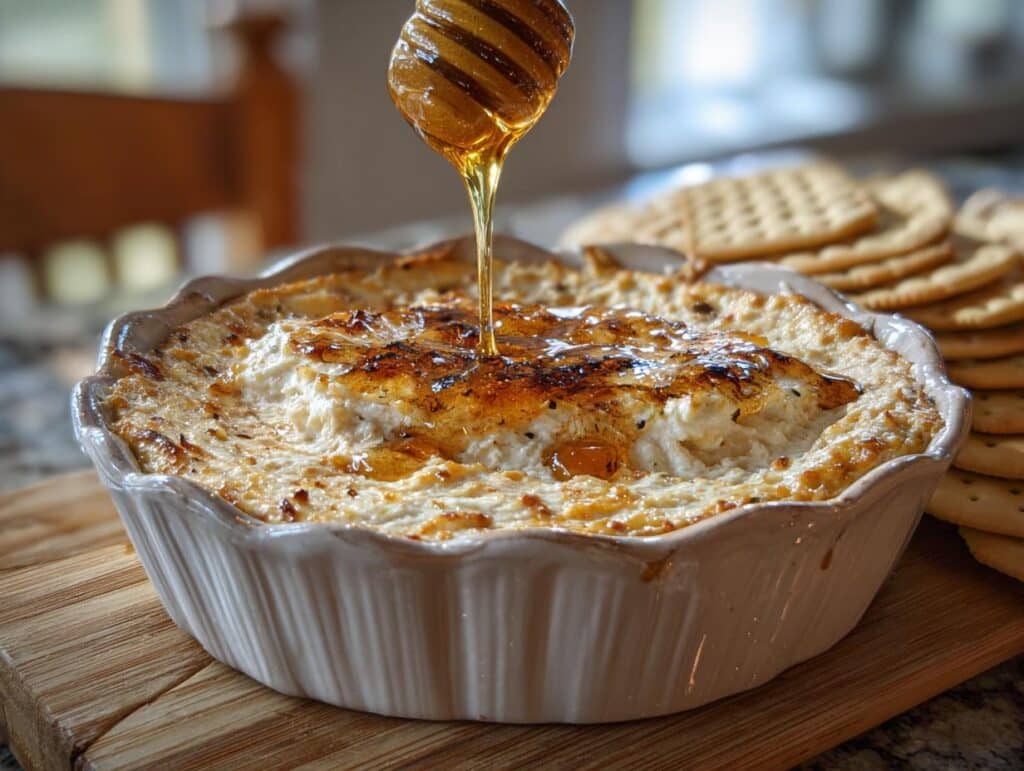 Hot Honey Ricotta Dip in a white dish with honey being drizzled on top, served with crackers.