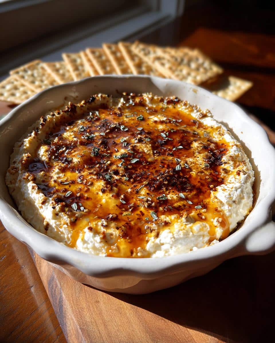 A bowl of Hot Honey Ricotta Dip, drizzled with honey and herbs, served with crackers.