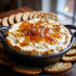 A bowl of Hot Honey Ricotta Dip surrounded by crackers, ready to be served.