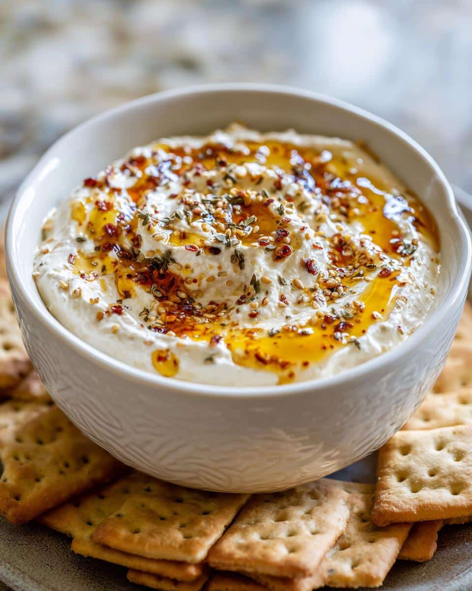 A bowl of Hot Honey Ricotta Dip, drizzled with honey and spices, served with crackers.
