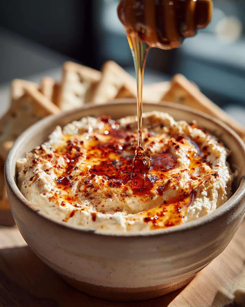 Close-up of Hot Honey Ricotta Dip in a bowl, drizzled with honey, served with crackers.