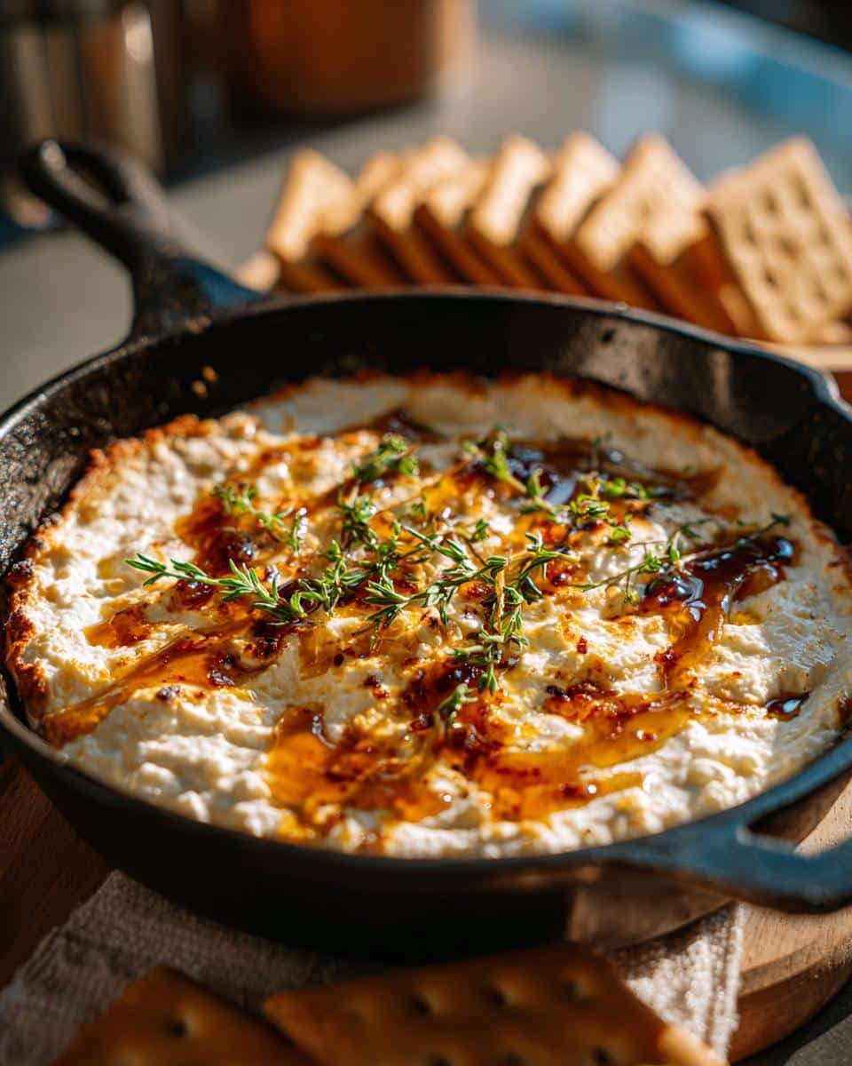 Close-up of Hot Honey Ricotta Dip in a cast iron skillet, garnished with thyme and served with crackers.