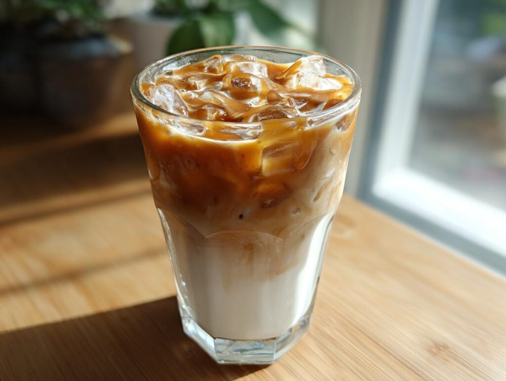 A refreshing Iced Caramel Macchiato in a glass, showcasing the layers of milk, coffee, caramel, and ice.