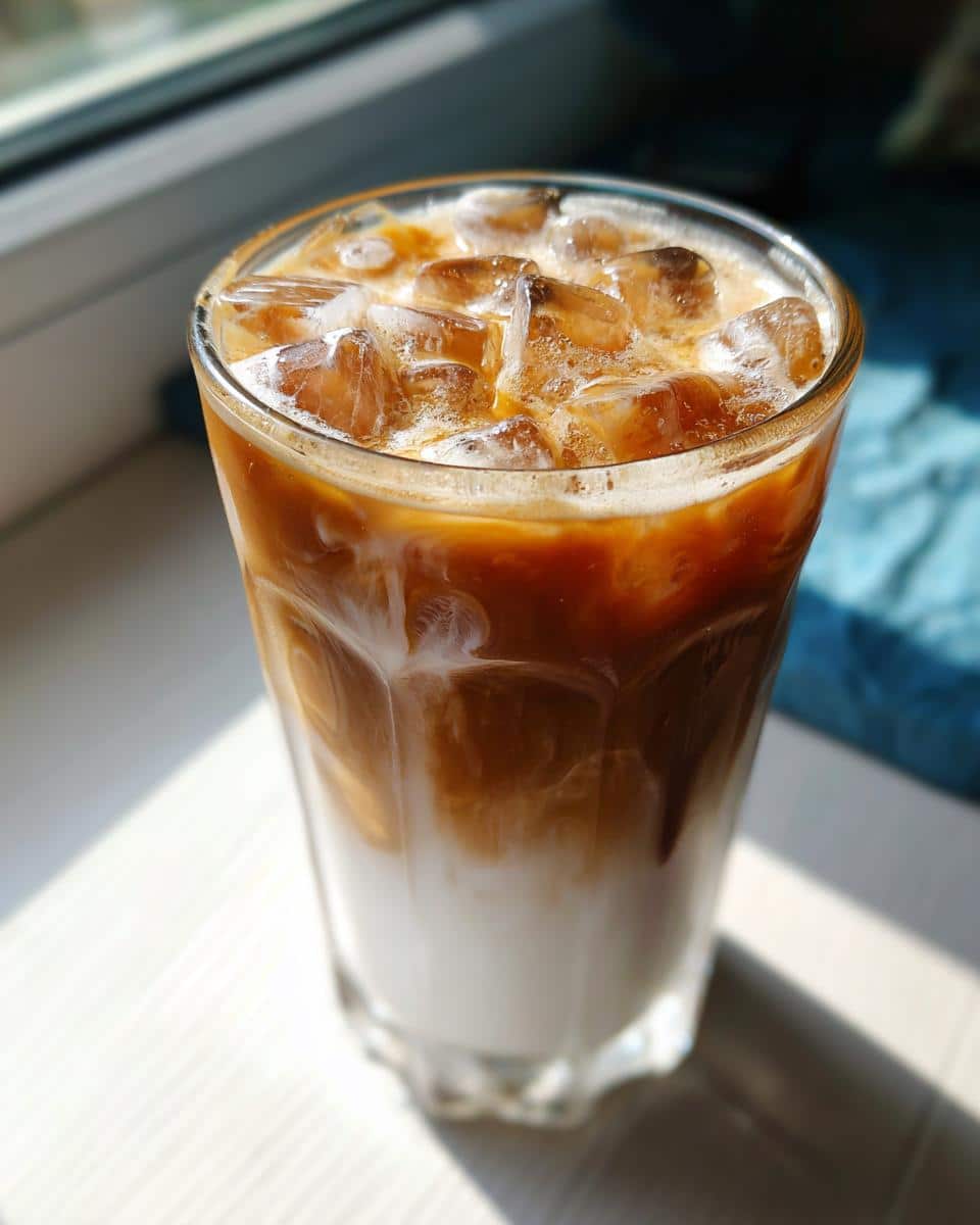 Tall glass of Iced Caramel Macchiato with layers of milk, coffee, caramel, and ice cubes.